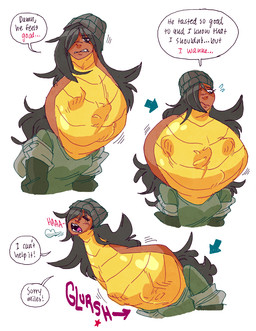 anthro black_hair duo female female_pred hair neck_bulge oral_vore simple_background speech_bubble text vore white_background d._e._belton belinda_(spider8fiend) reptile scalie snake 2021