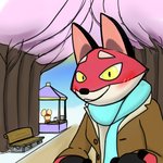 anthro blush cherry_blossom clothing coat flower looking_at_viewer male plant prunus_(flower) scarf smile topwear yellow_eyes trashbadger cartoon_network mao_mao:_heroes_of_pure_heart rufus_(mao_mao) canid canine fox mammal 1:1