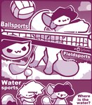 anthro ball cloud dialogue dot_eyes duo golf_ball golf_club grass humor male plant question simple_eyes sky speech_bubble sport text volleyball volleyball_(ball) gotyoureyes felid feline mammal comic english_text hi_res meme