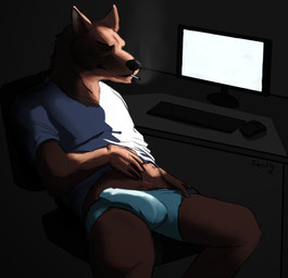 anthro brown_body brown_fur bulge cigarette clothed clothing computer computer_mouse electronics erection fur genitals keyboard male partially_clothed penis smoking solo underwear sepulte canid canine mammal hi_res