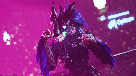 anthro arm_feathers arm_tuft armor avian_caruncle beak blue_body blue_eyes blue_feathers body_armor covenant_alphabet_(halo) feather_hair feathered_crest feathers fist glowing glowing_eyes grey_body grey_scales head_crest male neon_lights neon_sign pseudo_hair retro scales scuted_hands scutes sharp_teeth sign solo synthwave teeth tuft exotic_valkyrie abisv_(modeler) halo_(series) microsoft xbox_game_studios jazz_(exoticvalkyrie) alien avian kig-yar scalie t'vaoan 16:9 3d_(artwork) 4k absurd_res colored digital_media_(artwork) hi_res widescreen