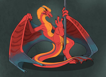 anus blue_eyes claws countershading dancing featureless_chest feet female female_feral feral front_view genitals hair horn looking_at_viewer membrane_(anatomy) non-mammal_vulva open_mouth pole pole_dancing raised_leg red_body simple_background smile solo spread_legs spreading stripes stripper_pole tail teeth thick_tail vulva wings flamespitter european_mythology mythology eztli_(user_55) dragon mythological_creature mythological_scalie scalie western_dragon wyvern hi_res
