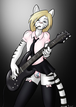 anthro blonde_hair bottomwear bulge cigarette clothed clothing clothing_lift crossdressing electric_guitar eyebrows femboy guitar hair legwear male musical_instrument necktie open_mouth panties panty_bulge playing_music plucked_string_instrument ribbons shirt simple_background skirt skirt_lift smoking solo standing stockings string_instrument striped_body stripes teeth tongue topwear underwear white_body danaume felid mammal pantherine tiger hi_res