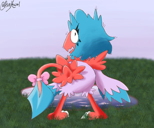 accessory beak blue_body blue_feathers blue_hair bow_ribbon eyeliner feathers feet female feral furgonomics grass hair looking_at_viewer looking_back makeup motion_lines nude open_beak open_mouth pink_bow plant pupils purple_body purple_feathers red_body red_feathers ribbons shaking sky solo startled tail tail_accessory tail_bow tail_ribbon talons toes water psykwol nintendo pokemon phoebe_the_archen_(psykwol) archen fossil_pokemon generation_5_pokemon pokemon_(species) 6:5 hi_res signature trans_(lore) trans_woman_(lore)