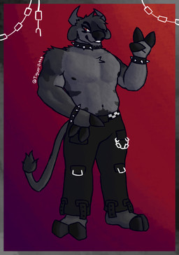 anthro bracelet chain collar hooves jewelry male muscular smile solo spiked_bracelet spiked_collar spikes tigerrbites jasper_(tigerrbites) bovid bovine cattle mammal hi_res