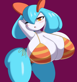 big_breasts biped blue_hair blush breasts clothed clothing female hair huge_breasts hyper hyper_breasts looking_at_viewer not_furry open_mouth pupils simple_background solo standing swimwear thick_thighs three-quarter_view white_body mechspazer nintendo pokemon generation_3_pokemon kirlia pokemon_(species) shiny_pokemon 2025 absurd_res hi_res