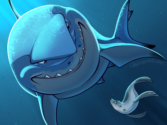blue_background blue_body blue_fin blue_tail dorsal_fin duo feral fin grey_body grey_fin grey_tail looking_at_another male shark_tail shark_teeth simple_background tail underwater water chainsxwsmile disney finding_nemo pixar bruce_(finding_nemo) aquatic fish great_white_shark mackerel_shark mammal pinniped shark white_shark 2025 4:3 hi_res watermark
