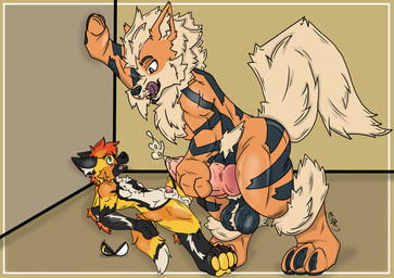 animal_genitalia anthro bodily_fluids canine_genitalia cum dominant duo genital_fluids genitals licking licking_lips male male/male orange_body scared size_difference standing tongue tongue_out yellow_body candiyeen nintendo pokemon thunder_fox arcanine canid canine fox generation_1_pokemon mammal maned_wolf pokemon_(species) hi_res