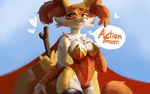 anthro big_breasts blush breasts cape clothing dialogue female heart_symbol mask red_eyes solo speech_bubble stick superhero tail austinarts4 nintendo pokemon braixen generation_6_pokemon pokemon_(species) 16:10 2024 absurd_res hi_res widescreen