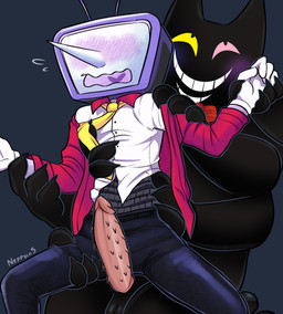 accessory animal_genitalia animal_penis anthro balls black_body black_fur bow_tie claws clothing dark_body dark_fur duo electronics embarrassed feline_genitalia feline_penis for_a_head fur genitals grin hand_holding heterochromia holding_arm holding_leg holding_thigh holding_torso machine male male/male multi_arm multi_limb multiple_hands necktie nervous penis pointy_nose red_bow red_bow_tie screen screen_face size_difference smile spiked_penis spikes spikes_(anatomy) suit suit_and_tie suit_jacket television undressing undressing_self neppyin deltarune toby_fox_(copyright) undertale_(series) friend_(deltarune) tenna_(deltarune) domestic_cat felid feline felis humanoid mammal monster object_head robot robot_humanoid screen_head tv_head absurd_res hi_res