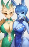 anthro big_breasts blue_body blue_eyes blue_fur blue_hair blush bottomwear bra breast_size_difference breast_squish breasts breasts_frottage cleavage clothed clothing duo female female_anthro fur glistening glistening_clothing hair head_leaf leaf leaf_ears looking_at_viewer open_mouth orange_eyes plant simple_background sportswear squish tan_body tan_fur underwear white_background momikacha nintendo pokemon eeveelution elemental_creature flora_fauna generation_4_pokemon glaceon leafeon pokemon_(species) 2023 digital_media_(artwork) hi_res