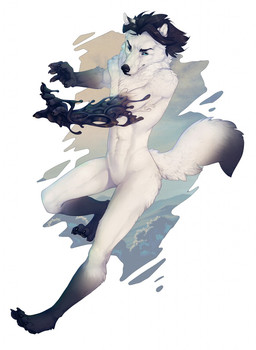 5_fingers action_pose anthro athletic athletic_anthro athletic_male black_hair black_nose blue_eyes claws featureless_crotch fingers fur hair male nude paws pose simple_background solo white_body white_fur bearlyfeline caraid canid canine canis mammal wolf 2015 digital_media_(artwork) hi_res