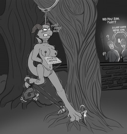 anthro asphyxiation bad_end balance bdsm bell bondage bound breasts crotch_rope desperation female forest genitals guard hands_behind_back hanged horn humiliation knife melee_weapon night nipple_piercing nipples no_escape noose nude peril piercing plant polearm predicament_bondage profanity restraints rope rope_bondage rope_necklace sign simple_background solo spear struggling tail text tree vulva weapon jedader humanoid kobold reptile scalie absurd_res digital_media_(artwork) english_text greyscale hi_res monochrome
