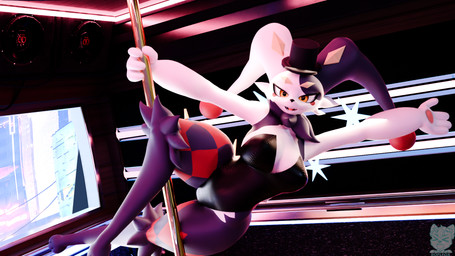 3_toes 4_fingers anthro black_body black_fur breasts bunny_costume clothing costume dancing feet female fingers fur hat headgear headwear looking_at_viewer medium_breasts open_mouth open_smile pole pole_dancing smile solo toes top_hat white_body white_fur yellow_eyes roflfox_(artist) seriuswolf_(modeler) palworld pocketpair dupin_(seriuswolf) dupin_(pal) pal_(species) 2026 3d_(artwork) blender_(artwork) digital_media_(artwork) hi_res