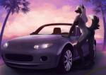 anthro biped black_body black_fur breasts butt car claws detailed_background feet female fur green_eyes grey_body grey_fur hair long_hair looking_at_viewer nude outside side_boob smile solo sunset toes vehicle white_hair taurusart mazda mazda_mx-5 trish_(invasormkiv) canid canine fox mammal red_fox silver_fox true_fox