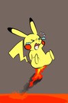 ambiguous_gender bodily_fluids burning butt_on_fire eyes_closed fire hand_on_butt lava open_mouth pain raised_tail simple_background solo tail tears fifybear nintendo pokemon generation_1_pokemon pikachu pokemon_(species) 2:3 hi_res