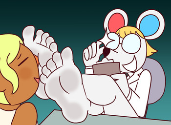 5_fingers 5_toes anthro black_nose blonde_hair chair clipboard clothed clothed_anthro clothed_female clothing coat crossed_ankles duo eyes_closed eyewear feet female fingers foot_fetish foot_focus foot_sniffing fur furniture glasses hair heterochromatic_ears holding_clipboard holding_object humanoid_feet lab_coat on_chair plantigrade sitting sitting_on_chair smile sniffing soles toes topwear white_body white_fur white_lab_coat compysteps animal_crossing nintendo petri_(animal_crossing) human mammal mouse murid murine rodent hi_res