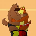 anthro anthro_on_anthro blush boots clothed clothing duo footwear kissing male male/male overweight overweight_male shoes slightly_chubby topless wrestling_briefs shiba-kenta kenta_shiba_(character) canid canine canis domestic_dog mammal shiba_inu spitz 1:1