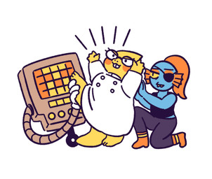 3_toes 4_fingers anthro arms_above_head barefoot blue_body blue_scales blush blush_stickers boots bottomwear buckteeth clothed clothing coat eye_patch eyewear feet female fin fingers flexible footwear front_view glasses gloves group hair handwear head_fin kneeling lab_coat machine metallic_body on_one_leg one_leg_up pants ponytail pose raised_leg red_hair scales screen screen_face sharp_teeth shirt shoes simple_background smile splits spread_legs spreading standing tail tank_top teeth thick_tail three-quarter_view toes topwear vertical_splits wheel yellow_body yellow_scales podmachi undertale undertale_(series) alphys mettaton undyne aquatic fish lizard reptile robot scalie hi_res
