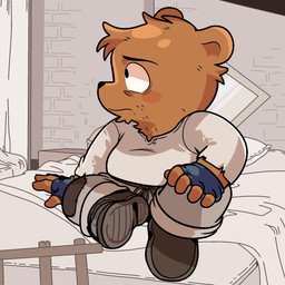 anthro bed bottomwear chibi clothing detailed_background furniture kemono male pants pillow shirt sitting slightly_chubby solo topwear ham_won_art ernest_and_celestine bolero_(ernest_and_celestine) bear mammal 1:1 2025 hi_res