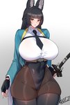 big_breasts biped breasts clothed clothing eyelashes female fingers front_view hair huge_breasts katana legwear looking_at_viewer melee_weapon pupils shirt simple_background solo standing sword thick_thighs thigh_highs topwear weapon gojich1 mihoyo zenless_zone_zero hoshimi_miyabi miyabi_(zenless_zone_zero) animal_humanoid canid canid_humanoid canine canine_humanoid fox_humanoid humanoid mammal mammal_humanoid absurd_res hi_res