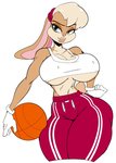 anthro basketball big_breasts bottomwear breast_implants breasts cleavage clothed clothing female hand_on_hip huge_breasts lips midriff nipple_outline pants simple_background solo spherical_breasts sweatpants thick_lips under_boob white_background wide_hips scarfyace looney_tunes warner_brothers lola_bunny lagomorph leporid mammal rabbit hi_res