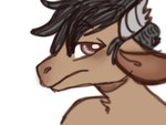 ambiguous_gender anthro blush broken_horn brown_body brown_fur chest_tuft fur grey_hair grey_horn hair horn looking_at_viewer short_hair side_view simple_background solo tuft white_background manitka manitka_storm bovid bovine cattle mammal bust_portrait colors!_3d_(artwork) digital_media_(artwork) portrait