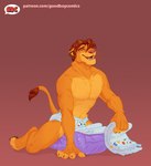 anthro anthrofied clean_diaper clothed clothing diaper diaper_fetish diaper_humping diaper_only diaper_package eyes_closed good_boy holding_diaper humping humping_diaper male open_mouth open_smile pawpads red_background simple_background smile solo tail tail_tuft text topless touching_diaper tuft wearing_diaper colt3n disney the_lion_king simba_(the_lion_king) felid lion mammal pantherine 2023 english_text hi_res url