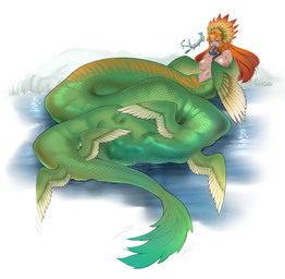 apode belly breasts duo female female_pred female_prey green_body hair legless nipples oral_vore orange_hair serpentine split_form vore wings 4kkc draconcopode humanoid lamia reptile scalie snake 2025 absurd_res hi_res