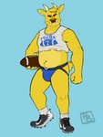 american_football anthro ball belly cleats clothing crop_top fangs footwear fur gridiron_ball horn jockstrap male midriff shirt socks solo sport teeth text text_on_clothing text_on_topwear topwear underwear yellow_body yellow_fur hashburrowns dj_strap cervine deer mammal muntjac 3:4 absurd_res hi_res