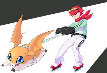 blue_eyes clothing duo eyewear eyewear_on_head feral footwear fur gloves goggles goggles_on_head hair handwear harness head_wings humor inline_skates male orange_body orange_fur pulling_another red_hair roller_skates scarf unusual_wing_placement wings bandai_namco digimon digimon_story:_time_stranger dan_yuki_(digimon) digimon_(species) human mammal patamon absurd_res hi_res