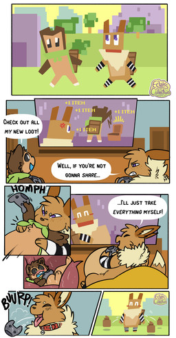 abdominal_bulge ambiguous_gender anthro backpack blush blush_lines burping burping_up_object controller cross-popping_vein dialogue digestion duo electronics game_controller gameplay_mechanics gaming head_in_mouth internal oral_vore organs playing_video_game soft_vore sound_effects speech_bubble stomach television text vore eclairscollection nintendo pokemon hymin_(hybrid-mind) chespin eevee generation_1_pokemon generation_6_pokemon pokemon_(species) comic english_text hi_res
