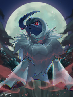 ambiguous_gender feral front_view fur iris looking_at_viewer low-angle_view moon night outside plant pupils red_eyes solo riomaru nintendo pokemon absol generation_3_pokemon pokemon_(species) 2020 3:4 absurd_res hi_res