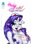 2018 anthro anthrofied areola blue_eyes blush bodily_fluids breasts clothing comic cover cover_art cover_page cum cum_on_face english_text equid equine eyeshadow female friendship_is_magic genital_fluids hasbro hat headgear headwear hi_res horn licking makeup mammal my_little_pony mythological_creature mythological_equine mythology nipples nurse nurse_clothing nurse_hat nurse_headwear pia-sama rarity_(mlp) red_cross simple_background solo text tongue tongue_out unicorn white_background