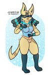 anthro areola breasts canid canine clothed clothing ear_piercing ear_ring female generation_4_pokemon genitals hi_res hieroglyphics holowear_(pokemon) humanoid irgramfox looking_at_viewer lucario mammal nintendo nintendo_switch nipples piercing pokemon pokemon_(species) pokemon_unite pussy ring_piercing ruins_style_lucario shiny_pokemon simple_background solo spanish_text text translated