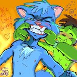 anthro blue_body blue_fur duo fur heart_symbol male teeth greenmonkey greenmonkey_(character) guppy_(bluefurry) domestic_cat felid feline felis haplorhine mammal monkey primate 1:1 digital_media_(artwork) low_res oekaki