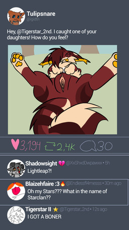 black_body black_fur brown_body brown_fur butt clitoris female feral fur genitals humanoid_genitalia humanoid_genitalia_on_feral humanoid_vulva humanoid_vulva_on_feral humiliation incestuous_fantasy insult lying on_back open_mouth orange_body orange_fur paws plant presenting presenting_vulva public_shaming simple_background social_media solo spiral spiral_eyes spread_legs spreading stripes tail text tongue tree urethra vulva tempestpaw twitter warriors_(book_series) blazefire_(warriors) fan_character lightleap_(warriors) shadowsight_(warriors) tigerstar_(a_vision_of_shadows) domestic_cat felid feline felis mammal 9:16 english_text hi_res