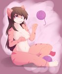 anthro ball_of_yarn breasts brown_hair casual_nudity female fingers fur hair humanoid_hands looking_up nipples nude open_mouth paws pink_body pink_eyes pink_fur playing simple_background smile solo striped_body striped_fur stripes yarn fejess96 domestic_cat felid feline felis mammal 2020 4:5 absurd_res digital_media_(artwork) hi_res signature