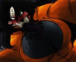 anthro big_breasts black_body black_fur black_hair black_sclera blush bodily_fluids bone breasts chest_tuft cleavage clothed clothing female fully_clothed fur hair jumpsuit long_hair long_tongue looking_at_viewer sharp_teeth skull skull_head solo sweat sweaty_breasts teeth text tongue tongue_out tuft white_eyes edworld scp_foundation scp-1471-a canid canine mammal 2023 artist_name digital_media_(artwork) hi_res