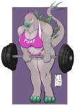 anthro barbell breasts clothing female non-mammal_breasts solo cryptozoo dinosaur ornithischian prehistoric_species reptile scalie stegosaurian stegosaurus thyreophoran