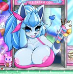 anthro areola big_breasts blue_body blue_eyes bow_ribbon breast_rest breasts clothing dessert drive-thru eyelashes female food handing_over heart_eyes heart_symbol ice_cream looking_at_viewer nipples pink_areola pink_nipples solo text thick_eyelashes uniform yumiiefox nintendo pokemon eeveelution generation_1_pokemon generation_4_pokemon glaceon legendary_pokemon mew_(pokemon) pokemon_(species) hi_res url