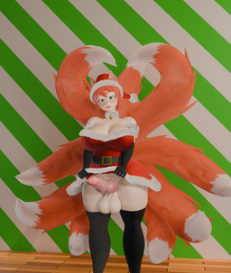 9_tails balls clothing dress genitals hair herm holidays intersex knot legwear multi_tail orange_hair solo stockings tail z-z christmas asuki canid canine fox mammal hi_res