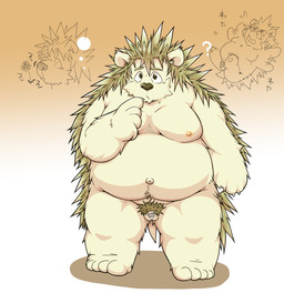 anthro balls belly genitals humanoid_hands kemono male moobs navel nipples overweight overweight_anthro overweight_male penis simple_background small_penis solo text suishou0602 eulipotyphlan hedgehog mammal 2015 hi_res japanese_text