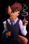 2016 4_fingers alpha_channel anthro b._wolf belt black_sclera blue_eyes brown_hair canid canine canis clock clothed clothing digital_drawing_(artwork) digital_media_(artwork) eyebrows faustisse fingers fur hair holding_object male mammal necktie pawpads pipe pupils purple_pawpads raised_eyebrow simple_background slit_pupils smoking solo tan_body tan_fur topwear transparent_background vest watch wolf