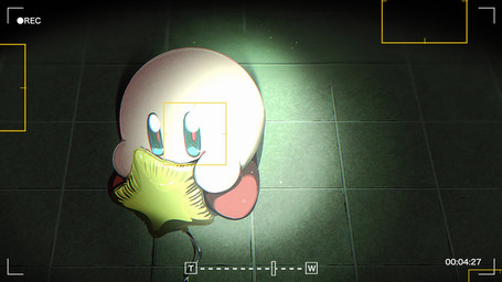 ambiguous_gender biped blue_eyes blush blush_stickers camera_hud camera_overlay camera_view creepy detailed_background floor high-angle_view holding_object inside looking_at_viewer night not_furry pink_body pupils red_body red_pupils solo star_polygon tile tile_floor timer timer_display seiyui_hn kirby_(series) nintendo waddling_head 2026 digital_drawing_(artwork) digital_media_(artwork) hi_res widescreen