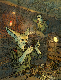 5_fingers anthro biped black_body black_fur clothed clothing desk detailed_background duo fingers fur furniture inside machine male repairing smoking table tan_body tan_fur text white_body white_fur e-532 bear canid canine fennec_fox fox giant_panda mammal true_fox 2026 absurd_res hi_res url