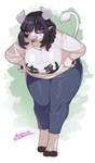 abstract_background anthro big_breasts black_hair bottomwear braided_hair breasts clothed clothing curvy_figure female hair hand_on_hip hooves horizontal_pupils horn kemono leaning leaning_forward open_mouth open_smile pants pupils purple_eyes shirt smile solo t-shirt text text_on_clothing text_on_shirt text_on_topwear topwear voluptuous wide_hips arumo bovid bovine cattle holstein_friesian_cattle mammal absurd_res hi_res translated