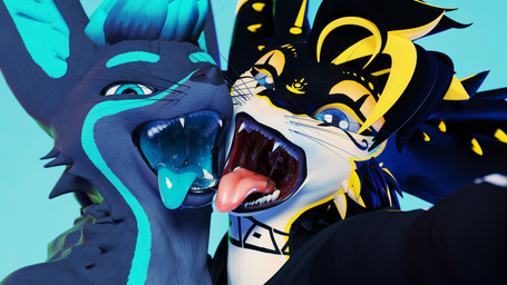 after_kiss anthro black_body black_fur blue_eyes bodily_fluids clothing drooling duo fur grey_body grey_fur looking_at_viewer male male/male mouth_shot multicolored_body open_mouth saliva saliva_on_tongue saliva_string selfie simple_background teeth tongue tongue_out uvula azerta56 sporkyhusky vore_day amexor_(azerta56) rexouium 16:9 2025 3d_(artwork) 4k absurd_res alternate_version_at_source blender_(artwork) blender_cycles_(artwork) digital_media_(artwork) hi_res widescreen