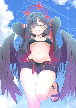 bare_shoulders belt bent_leg bikini black_bikini black_bottomwear black_clothing black_hair black_shorts black_swimwear black_wings bottomwear breasts clothed clothing cloud collarbone eyewear eyewear_on_head female footwear grey_eyes hair halo jacket long_hair looking_at_viewer looking_down looking_down_at_viewer medium_breasts midriff multicolored_clothing multicolored_topwear navel not_furry one_eye_closed open_bottomwear open_clothing open_jacket open_shorts open_topwear shoes shorts sky slippers smile sunglasses swimwear topwear two-piece_swimsuit two_tone_clothing two_tone_jacket two_tone_topwear wings tmosuu blue_archive nakamasa_ichika angel angel_humanoid humanoid hi_res