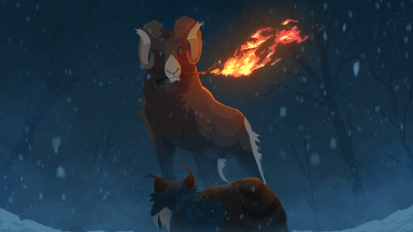 2_horns ambiguous_gender blue_eyes crouching curled_horn dead_tree duo feral fire fur fuzzy glowing holding_object horn light looking_at_another low-angle_view night object_in_mouth outside plant size_difference snow snowing standing torch tree winter redpandaanimations might_and_delight shelter_(game_series) fan_character bighorn_sheep bovid caprine felid feline lynx mammal sheep 16:9 hi_res lighting lineless shaded widescreen male_(lore)